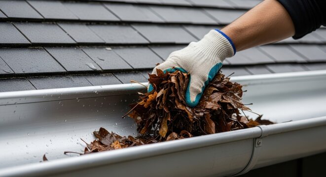 Person in work gloves cleaning a clogged house gutter, removing wet autumn leaves and debris to prevent water damage and maintain home.