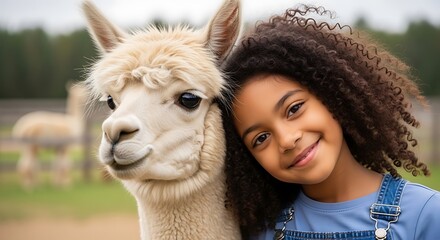 Fototapeta premium A smiling child leans against a fluffy white alpaca, close-up with a soft focus background