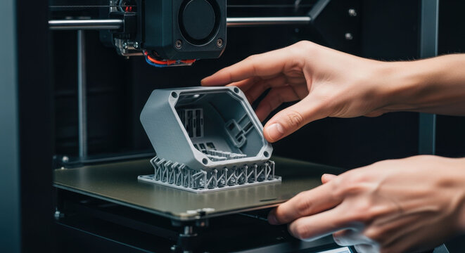 Person removing a freshly 3D printed object from the build plate of a modern FDM 3D printer, showcasing additive manufacturing technology and rapid prototyping.