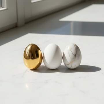 Luxury Easter eggs with gold chrome and marble texture on white marble surface