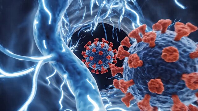 Detailed 3D Animation of Coronavirus Particle with Neural Network and Red Blood Cells in a Dark Scientific Background
