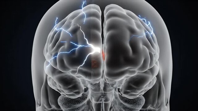Detailed 3D Animation of Human Brain Activity Electrical Impulses Flowing Through Neural Pathways on Dark Background With Subtle Lightning Effects