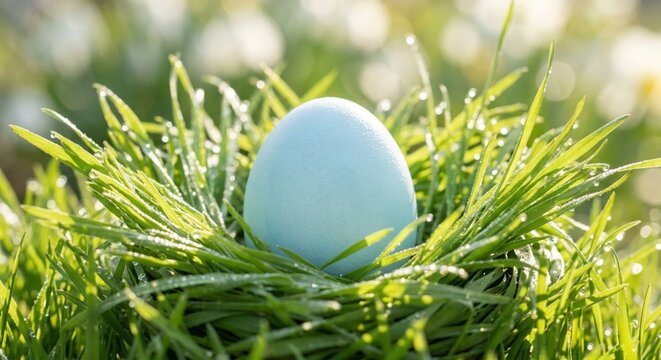 Blue Easter egg hidden in green grass with morning dew drops close up