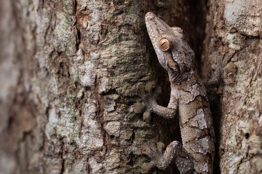 Close environmental wildlife photograph of leaf-tailed gecko camouflaged against tree bark in Madagascar rainforest with detailed skin texture and natural camouflage pattern clearly visible