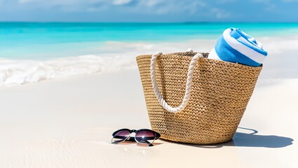 Fototapeta premium Straw beach bag with towel and sunglasses on tropical sand summer vacation concept