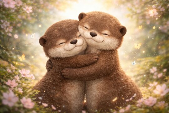 Adorable otters hugging joyfully