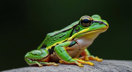 Obraz premium A vibrant, detailed macro shot of a green frog with yellow accents, perched on a rock