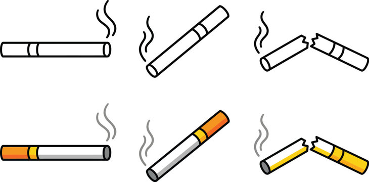 A set of six vector graphic illustrations depicting cigarettes in various states