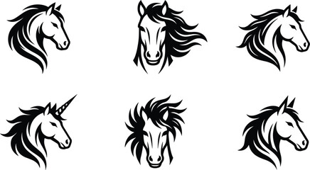 Horse head mascot logo set with dynamic mane equine animal symbols minimal vector illustration collection for sports branding © Mohammad
