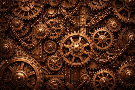Intricate steampunk gears and chains.