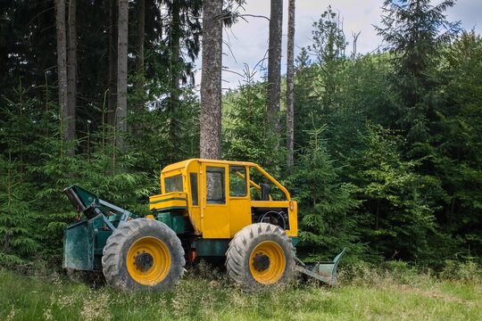 Yellow forest skidder logging tractor in green spruce forest