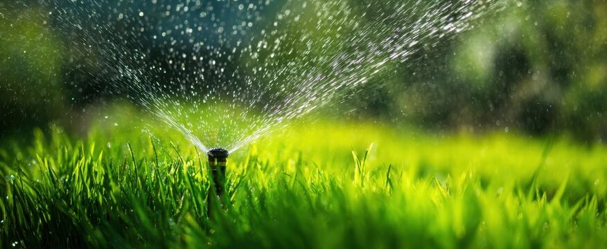 The sprinkler spraying water over lush green grass in a sunlit garden