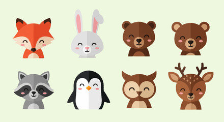 Collection of Cute Cartoon Forest Animals and Birds.