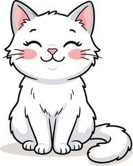 Obraz premium A cute white cartoon cat with a heart nose and pink cheeks, smiling and winking, with a fluffy tail and ears