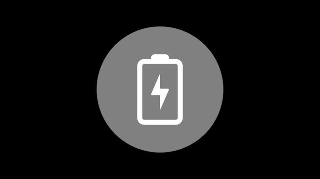 Battery icon animation with a lightning bolt toggling between active and inactive states on a black background. Represents charging, power mode, or energy status for mobile apps and websites.