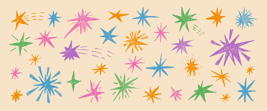 Colorful hand drawn kids pastel chalks stars. Crayon twinkles spark set. Scribble magic stardust collection. Christmas childish blue, purple shine comets. Vector asterisk elements on beige background.