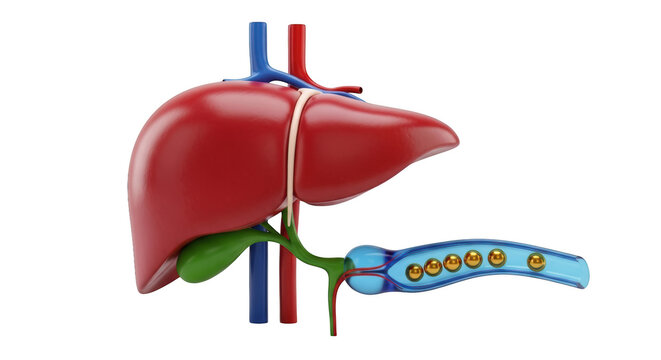 Anatomical illustration of a human liver with gallbladder and bile ducts isolated on transparent background