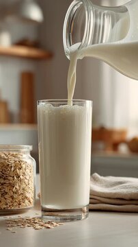 Pouring fresh milk into a glass next to a bowl of oats in a cozy kitchen setting.