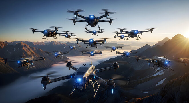 Swarm of surveillance drones flying over mountain landscape during sunrise with blue light sensors
