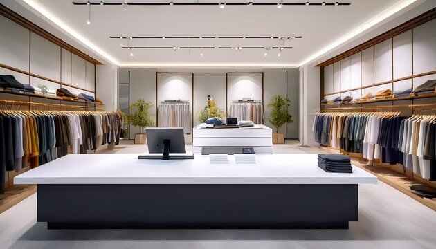 empty white cashier desk mockup in a clothing store bright and fashionable apparel store interior design