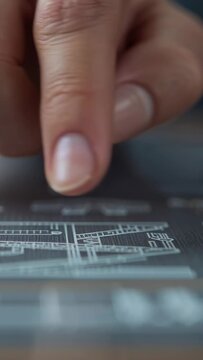 Vertical video: Placing finger on white line, right hand sliding across tablet plan, inspecting