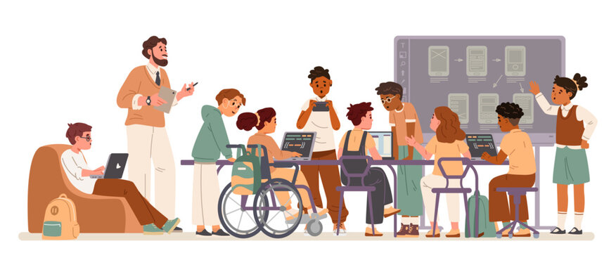 Diverse school children and a teacher working together on educational project at desk with laptops flat vector illustration.