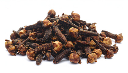 Fototapeta premium Close-up view of a heap of whole, dried, aromatic cloves, against a white background