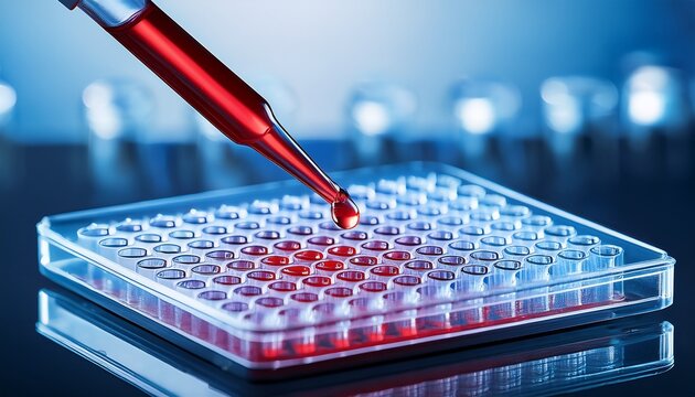 close up of laboratory pipette dispensing red liquid into microplate well for scientific research and analysis