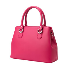 Vibrant pink leather handbag with silver hardware and two handles isolated on transparent background