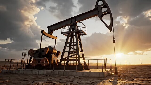 Oil pumpjack extraction machine operating in desert energy field during dramatic sunset sky showing petroleum industry production power infrastructure cinematic footage