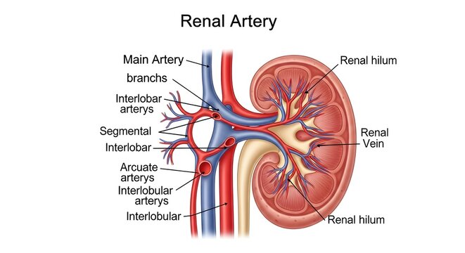 Color anatomical diagram of kidney hilum showing main renal artery dividing into segmental, interlobar, arcuate and interlobular arteries with accompanying renal vein, demonstrating branching pattern 