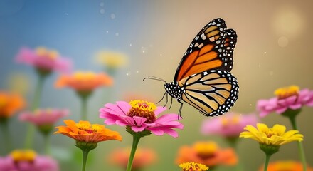 Obraz premium Monarch butterfly on colorful zinnia flowers in a vibrant garden