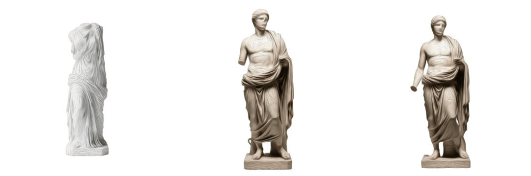 Set of ancient Greek and Roman marble sculptures including Venus de Milo style torso and athletic male figures isolated on white