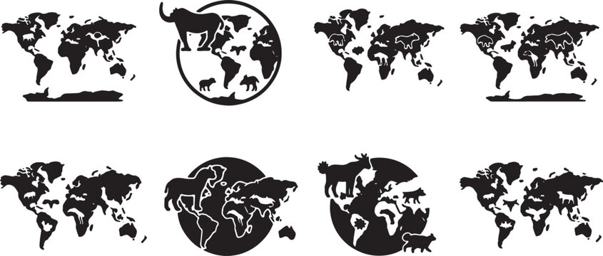 Solid Black Animal Wildlife Nature World Map Shapes
