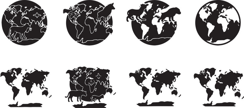 Solid Black Animal Wildlife Nature World Map Shapes