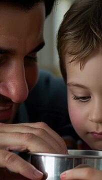 Vertical video: Drawing son's gaze dad guiding son peering steel bowl in kitchen hands holding bowl