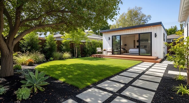 Backyard with lush lawn, modern guest house, stepping stones, and mature trees, sunny day
