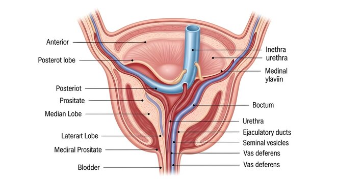 Sagittal frontal illustration of prostate gland at bladder outlet showing anterior, posterior, median and lateral lobes surrounding prostatic urethra, ejaculatory ducts and vas deferens within pelvic 