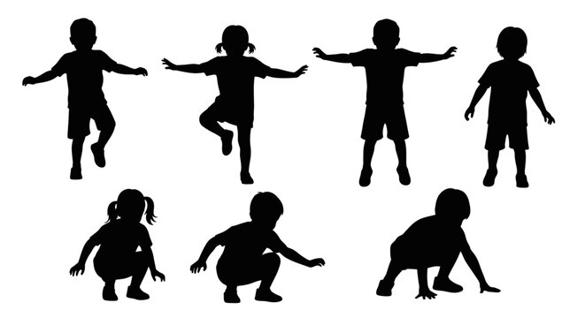 Children Silhouettes: Diverse Poses of Kids in Motion, Playful and Active Childhood