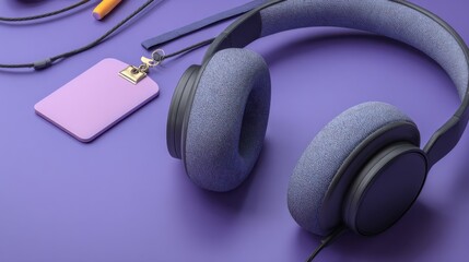 Stylish blue headphones resting on a vibrant purple surface with an ID card and accessories. The image embodies a blend of modern design and functional objects.