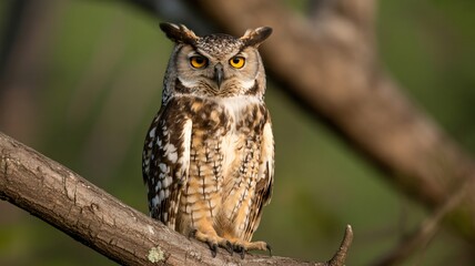 Majestic Owl Perched on Tree Branch with Piercing Golden Eyes, Nocturnal Bird of Prey Watching from Forest in Soft Natural Light