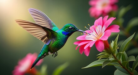 Fototapeta premium Vibrant hummingbird sipping nectar from pink flower