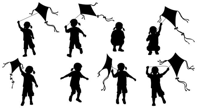 Children Silhouettes Flying Kites Outdoors on Windy Day