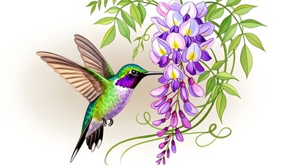 Fototapeta premium Hummingbird feeding on purple wisteria flowers