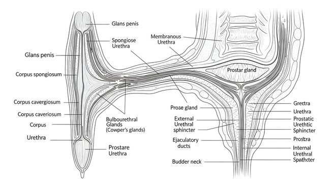 Black and white sagittal anatomical illustration of the male urethra showing prostatic, membranous and spongy segments passing through prostate gland and corpus spongiosum with bulbourethral glands an
