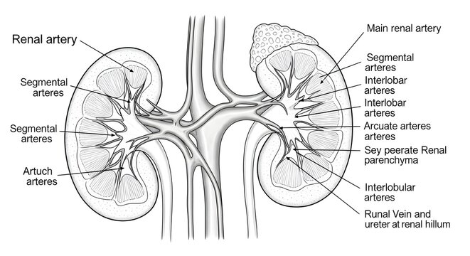 Monochrome anatomical diagram of paired kidneys showing main renal arteries entering at hilum and dividing into segmental, interlobar, arcuate and interlobular arteries supplying separate renal parenc
