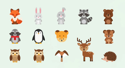 Fototapeta premium Collection of Adorable Forest and Arctic Animals in Cute Cartoon Style.