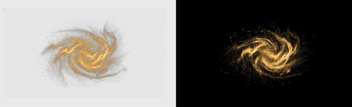 Glowing golden light swirl and magical spiral vortex effect featuring a cosmic dusty galaxy and glowing particles, isolated on transparent background, dynamic PNG graphic overlay