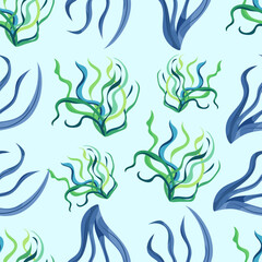 Obraz premium Seaweed seamless pattern underwater marine plants ocean background