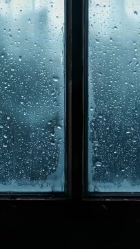 Vertical video: Rain starting drops on window making streaks, running down indoors by gravity